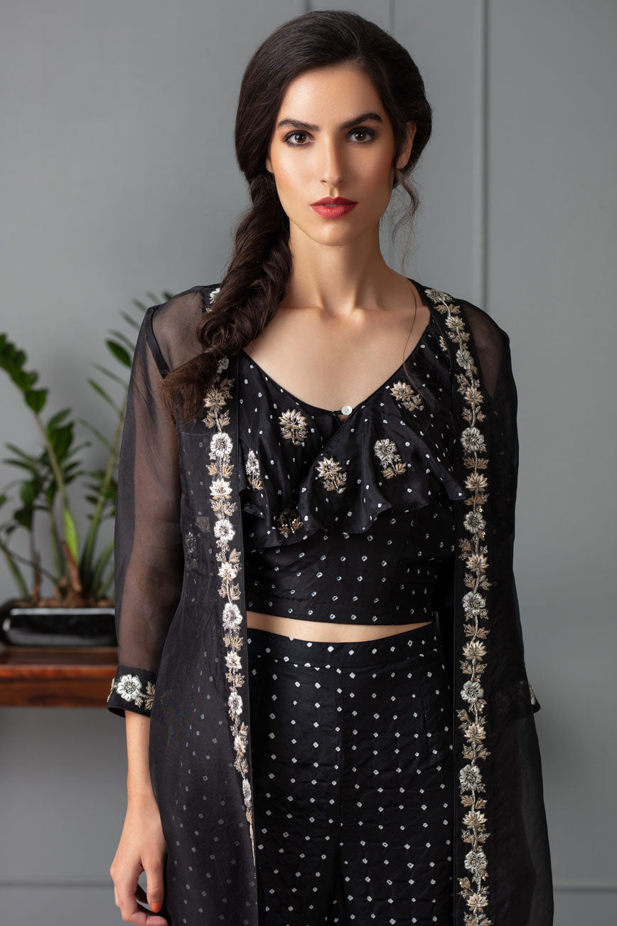 Black bandhani frill crop top pants and cape