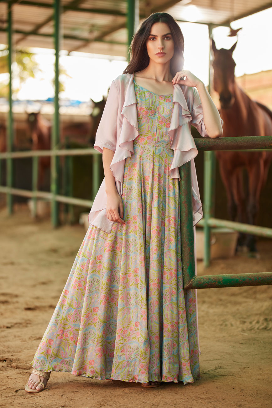 Floral Printed Dress with Cape | koashee by shubhitaa