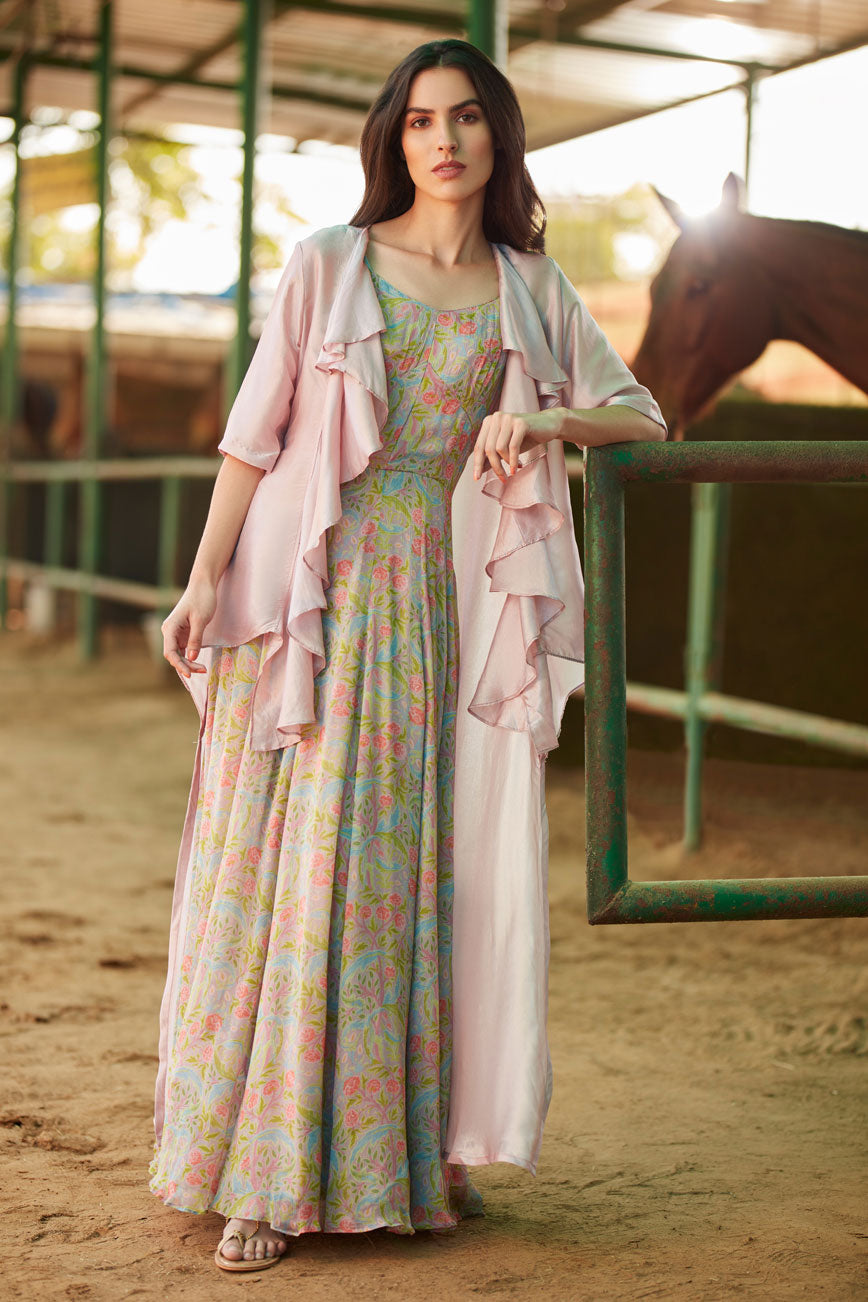 Floral Printed Dress with Cape | koashee by shubhitaa