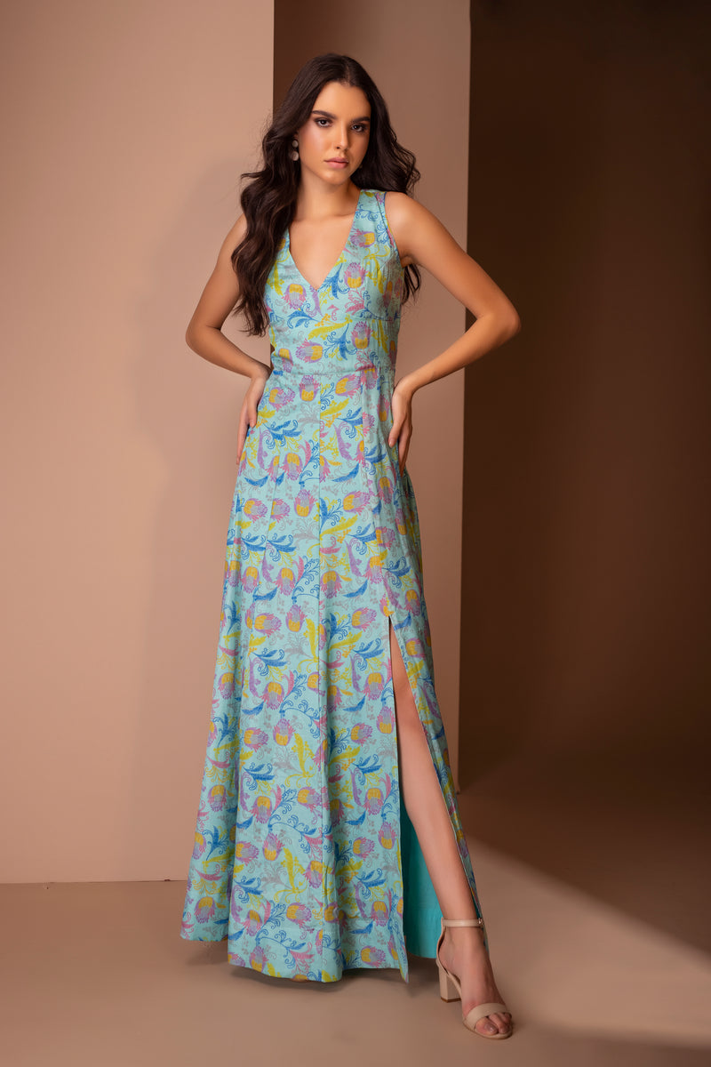 Side slit aqua dress
