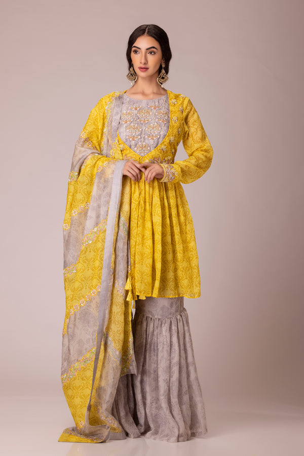 Grey yellow embroidered suit