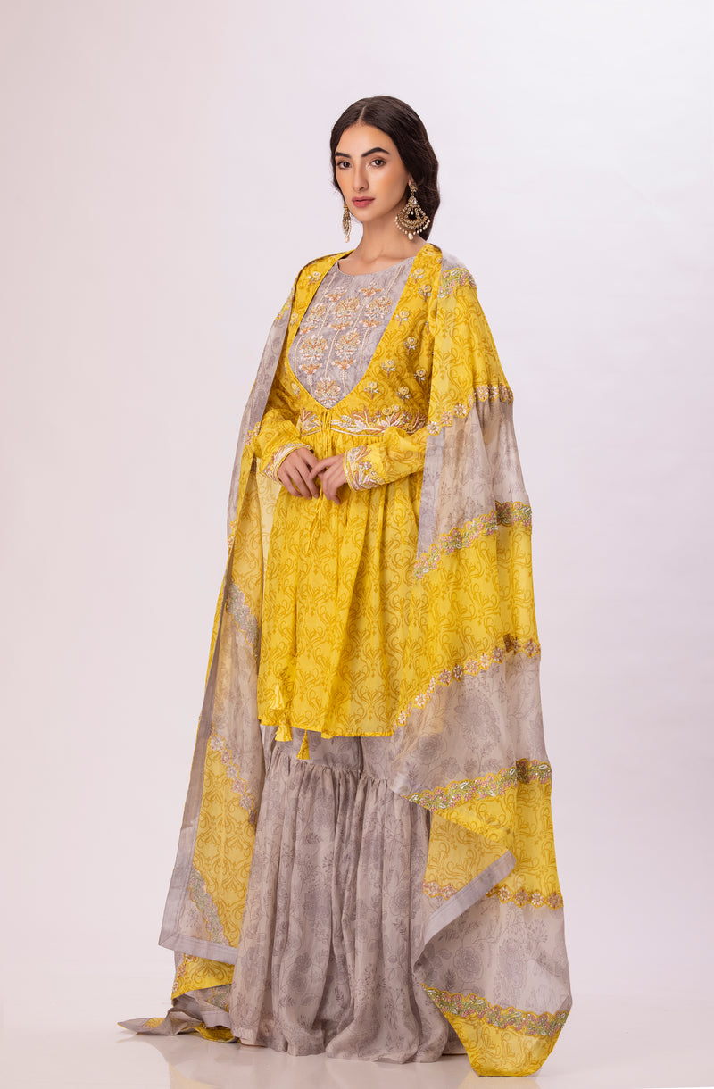 Grey yellow embroidered suit