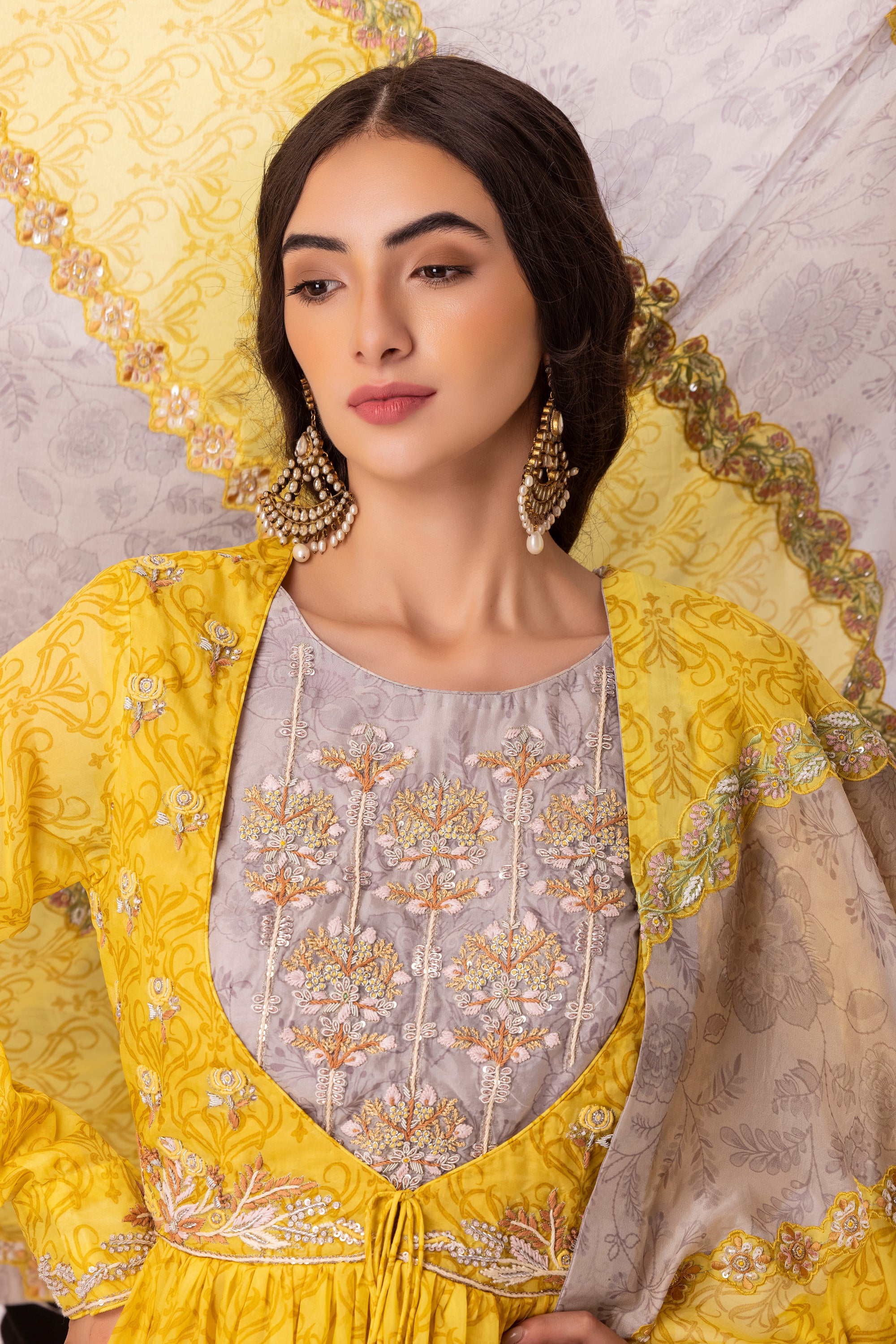 Grey yellow embroidered suit