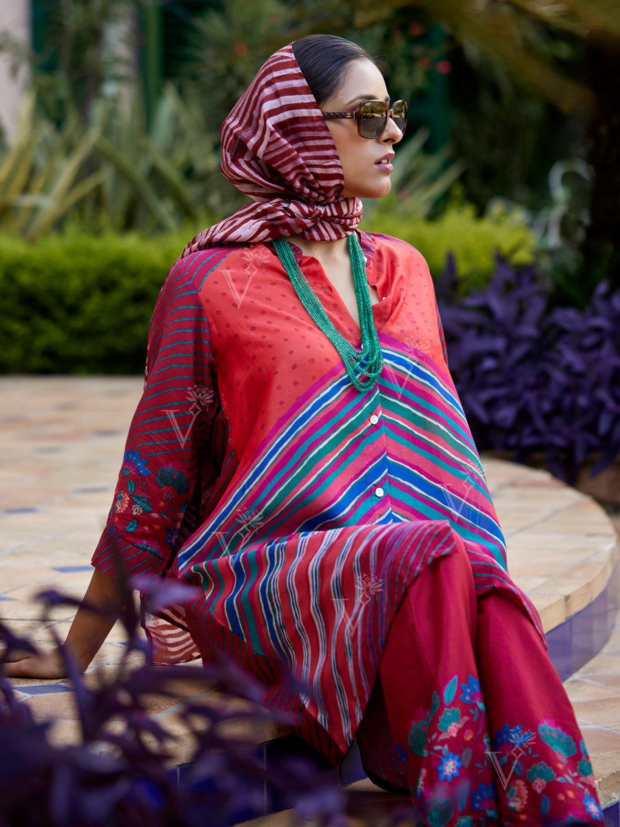 Red Leheriya Silk Co-ord Set