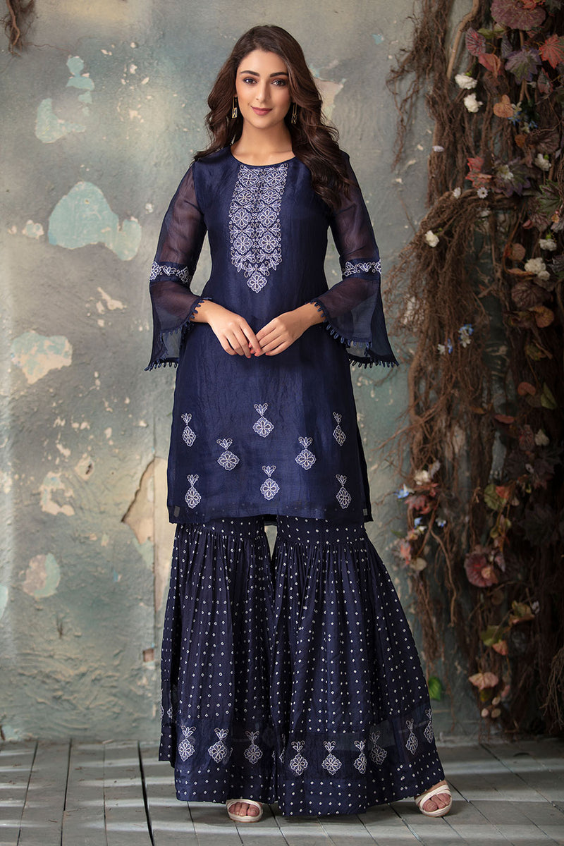 Dark Blue Organza and Sharara set