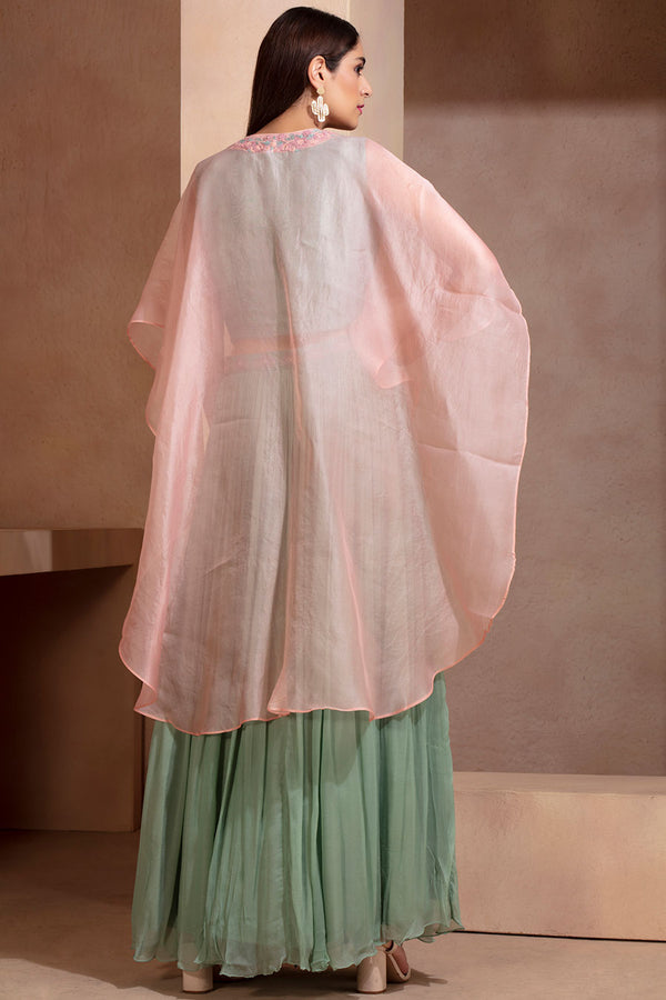 Pista green Cape Crop Top and Skirt Set