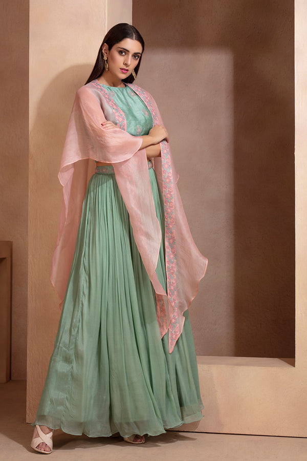 Pista green Cape Crop Top and Skirt Set