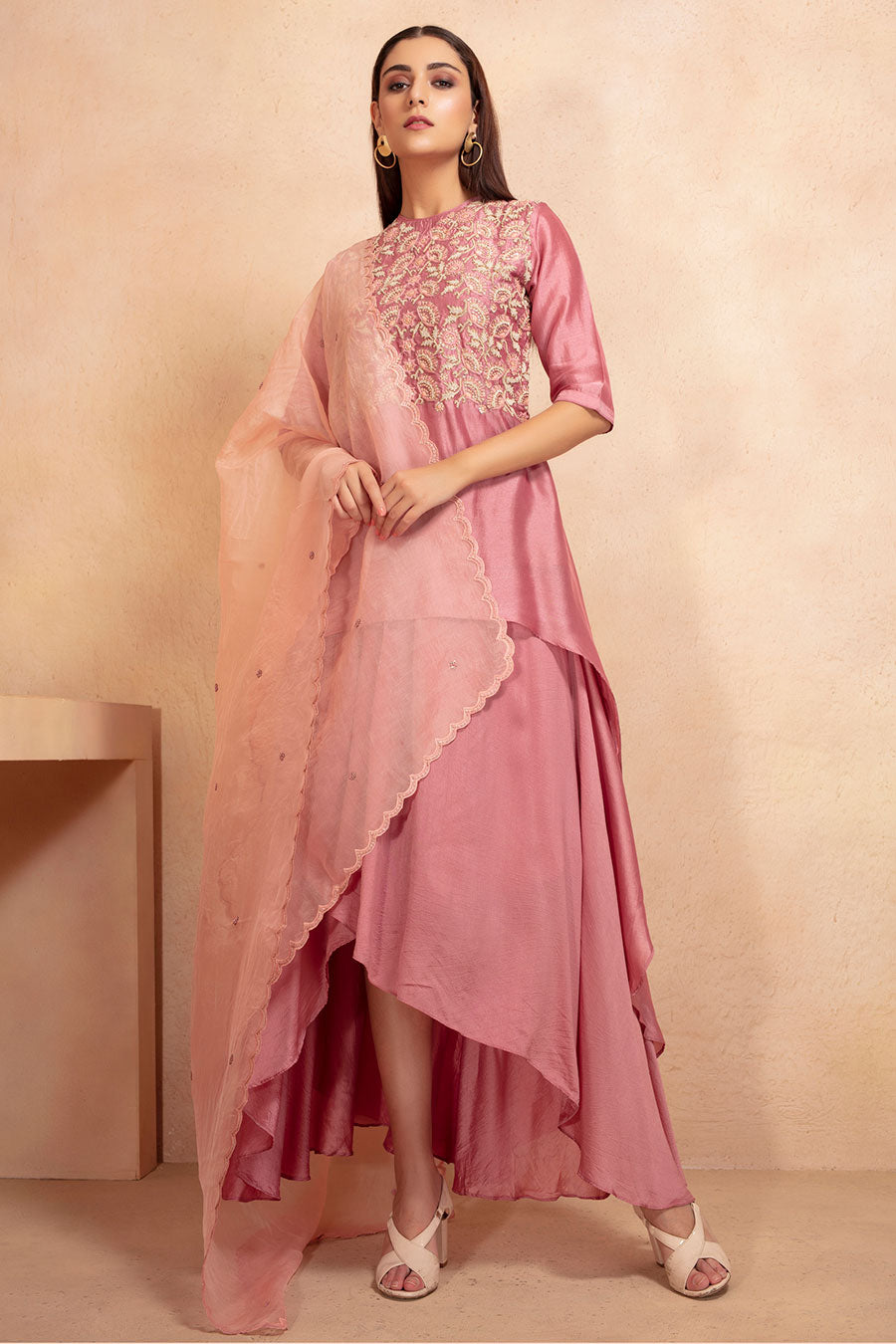 Old Rose Tunic and Skirt Set with Dupatta