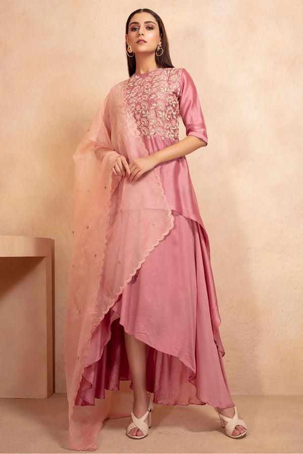 Old Rose Tunic and Skirt Set with Dupatta