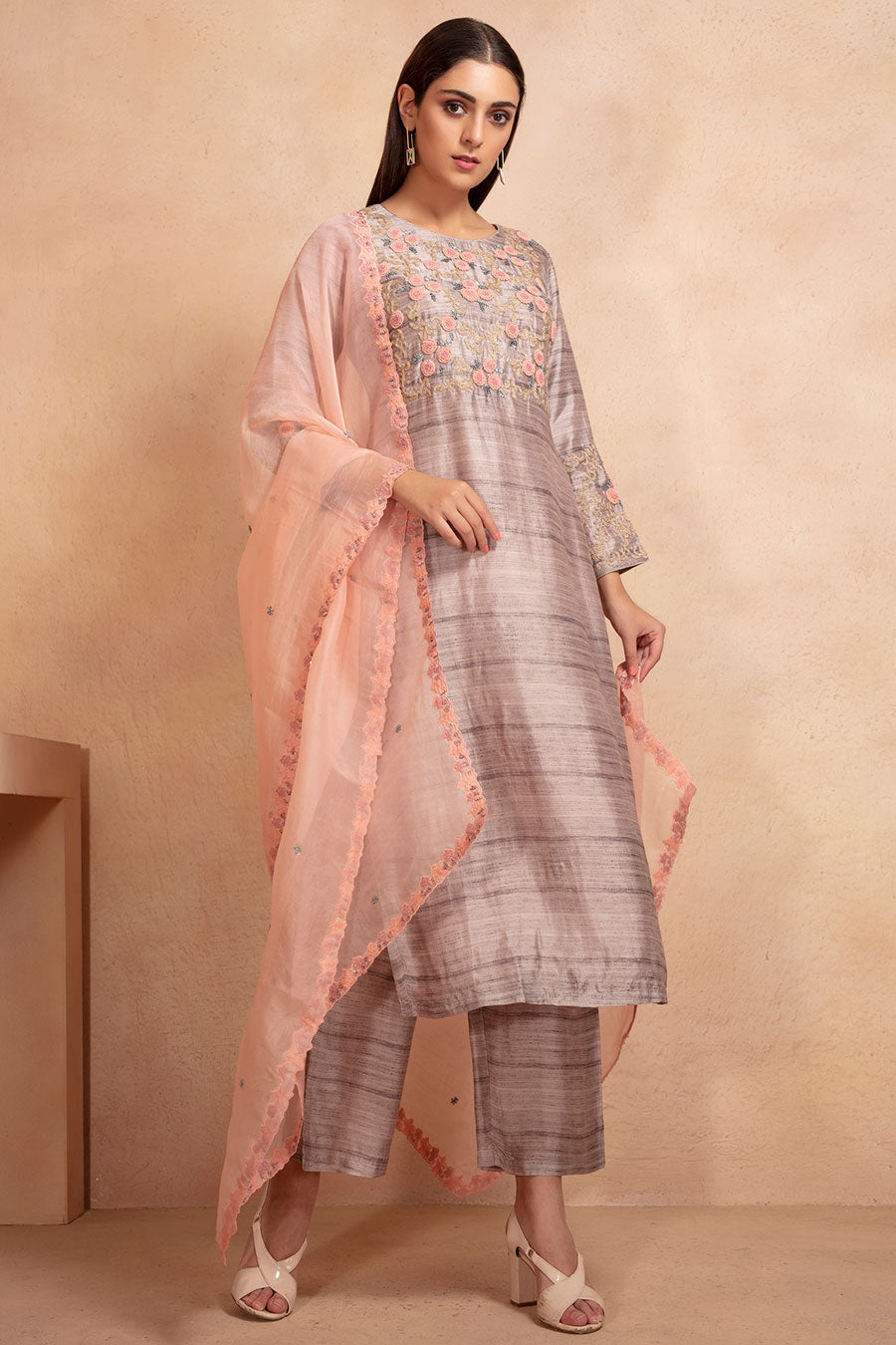 Textured tunic, pants & dupatta set