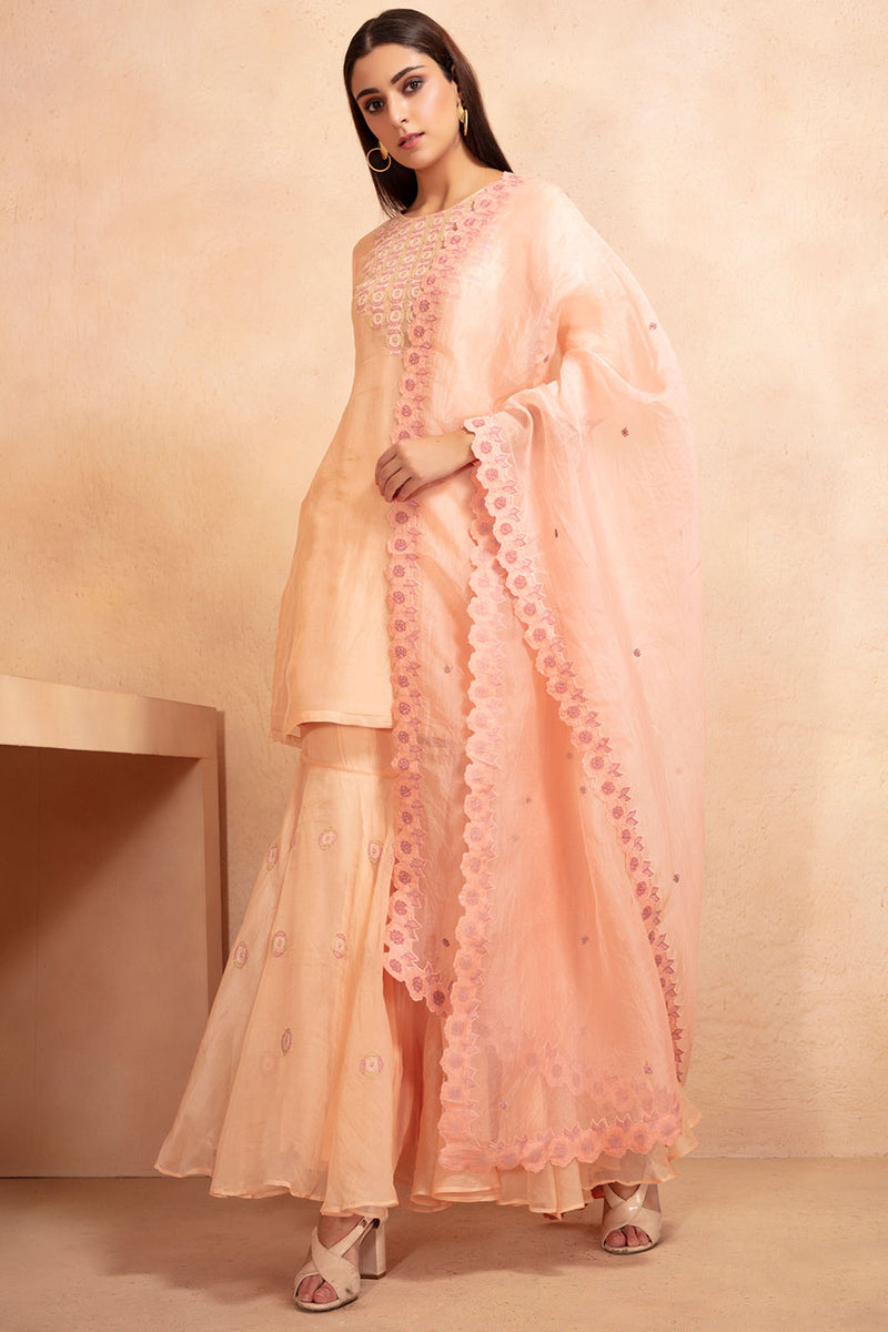 Beige and Pink Tunic and Sharara Set
