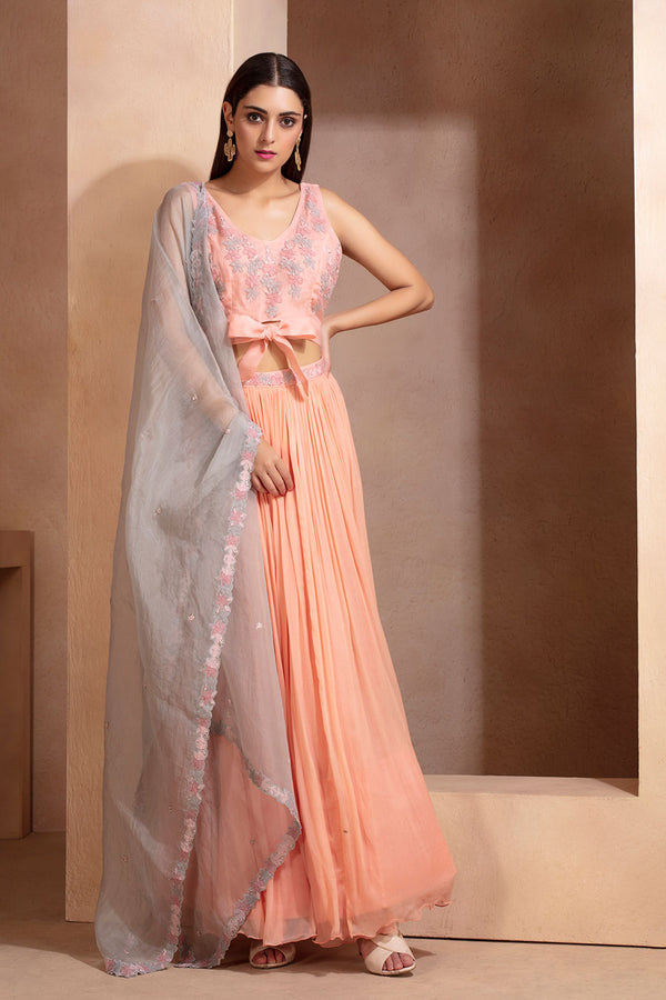 Peach Crop Top, Skirt and Dupatta Set