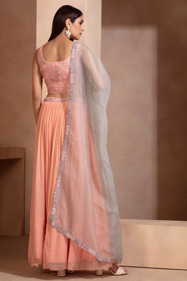 Peach Crop Top, Skirt and Dupatta Set