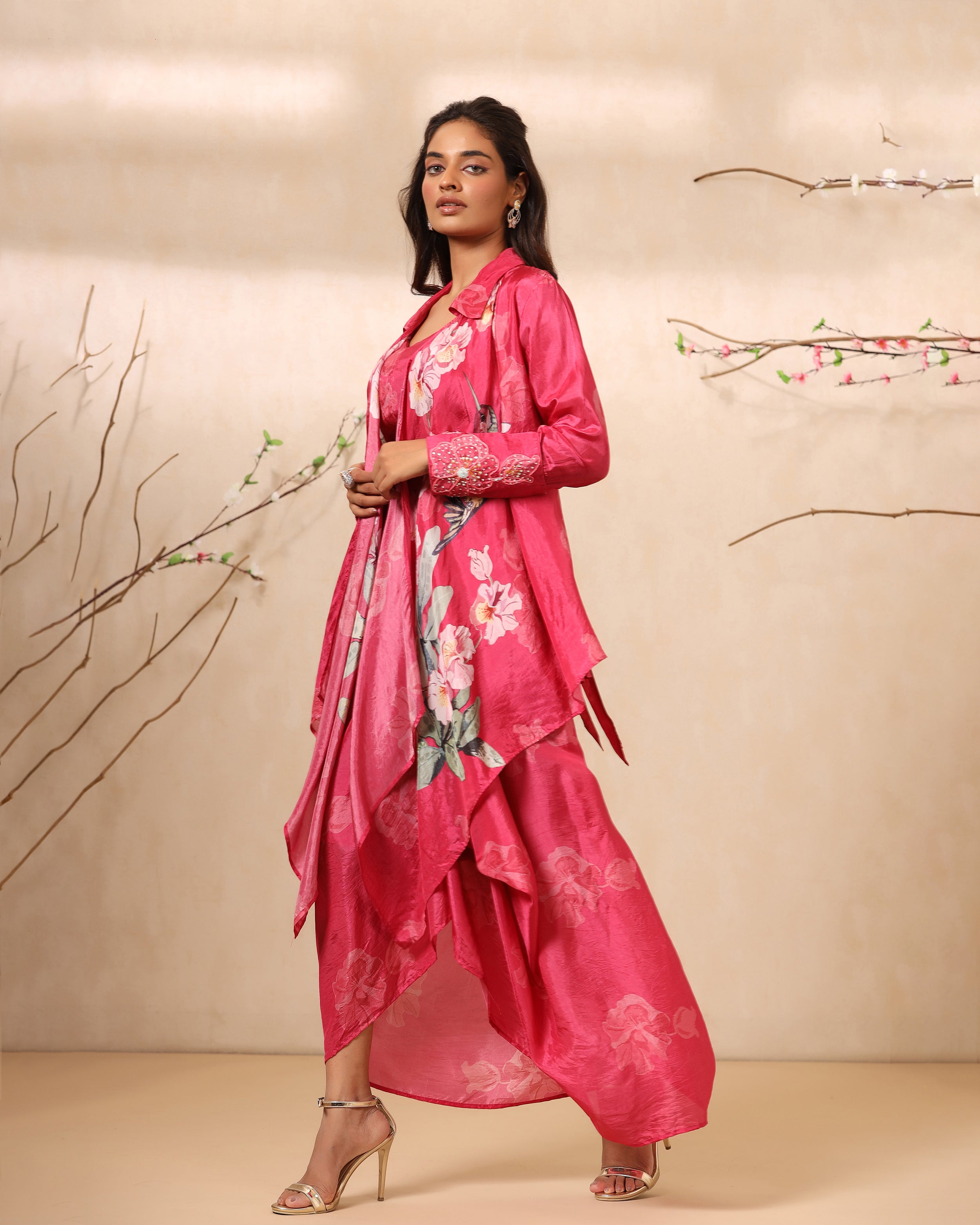 Pinkish Red draped skirt set