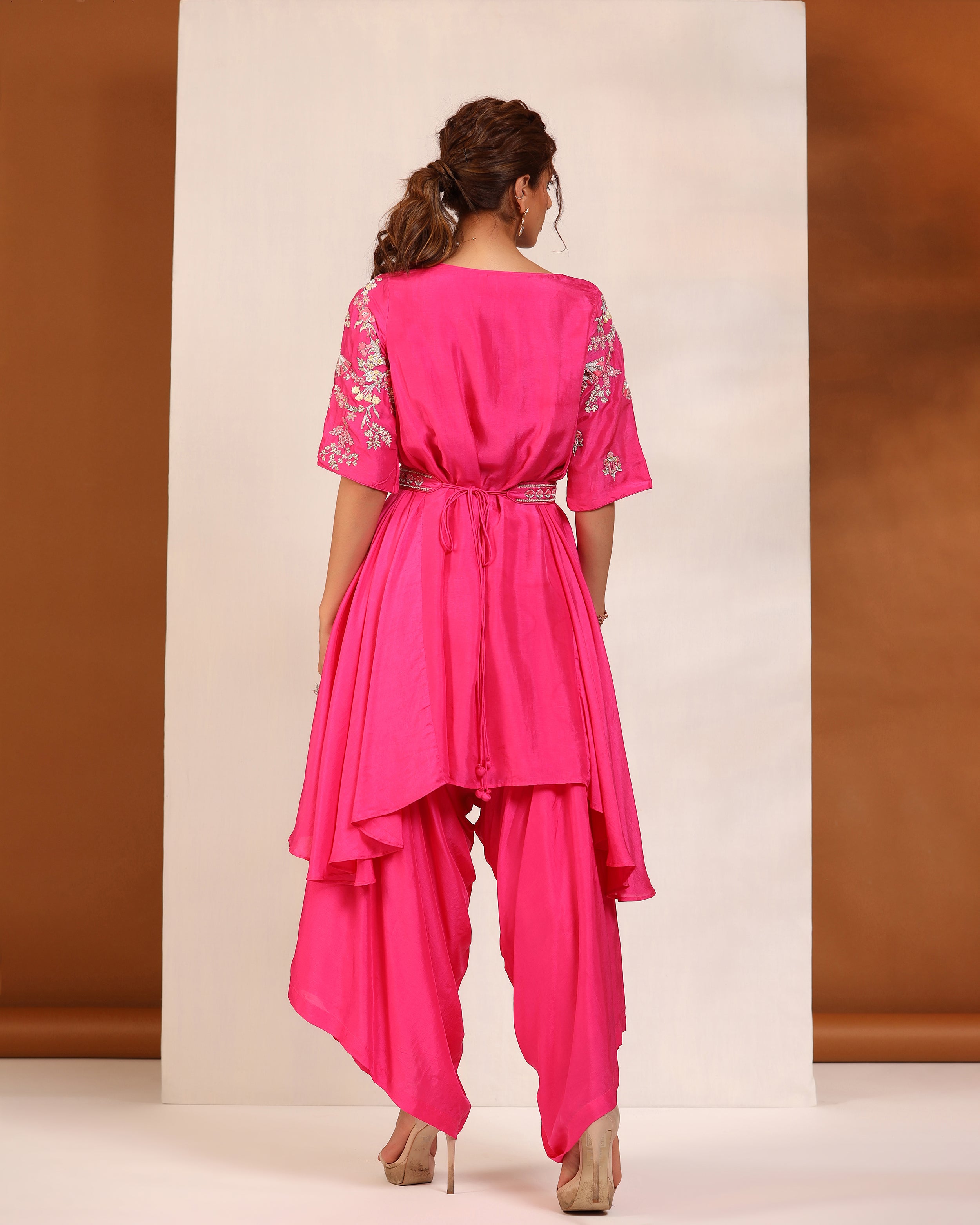 Magenta zardozi asymmetric top and dhoti