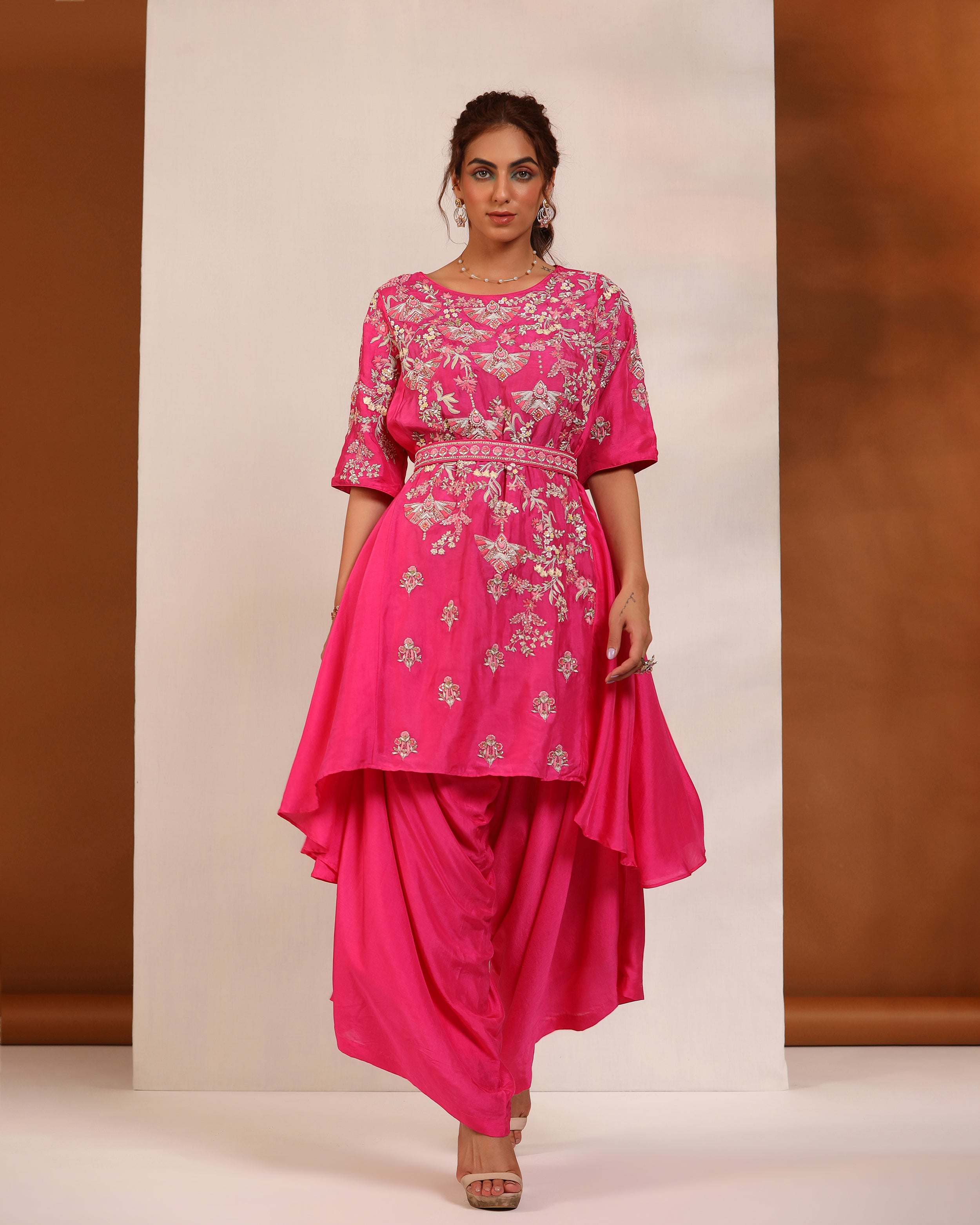 Magenta zardozi asymmetric top and dhoti