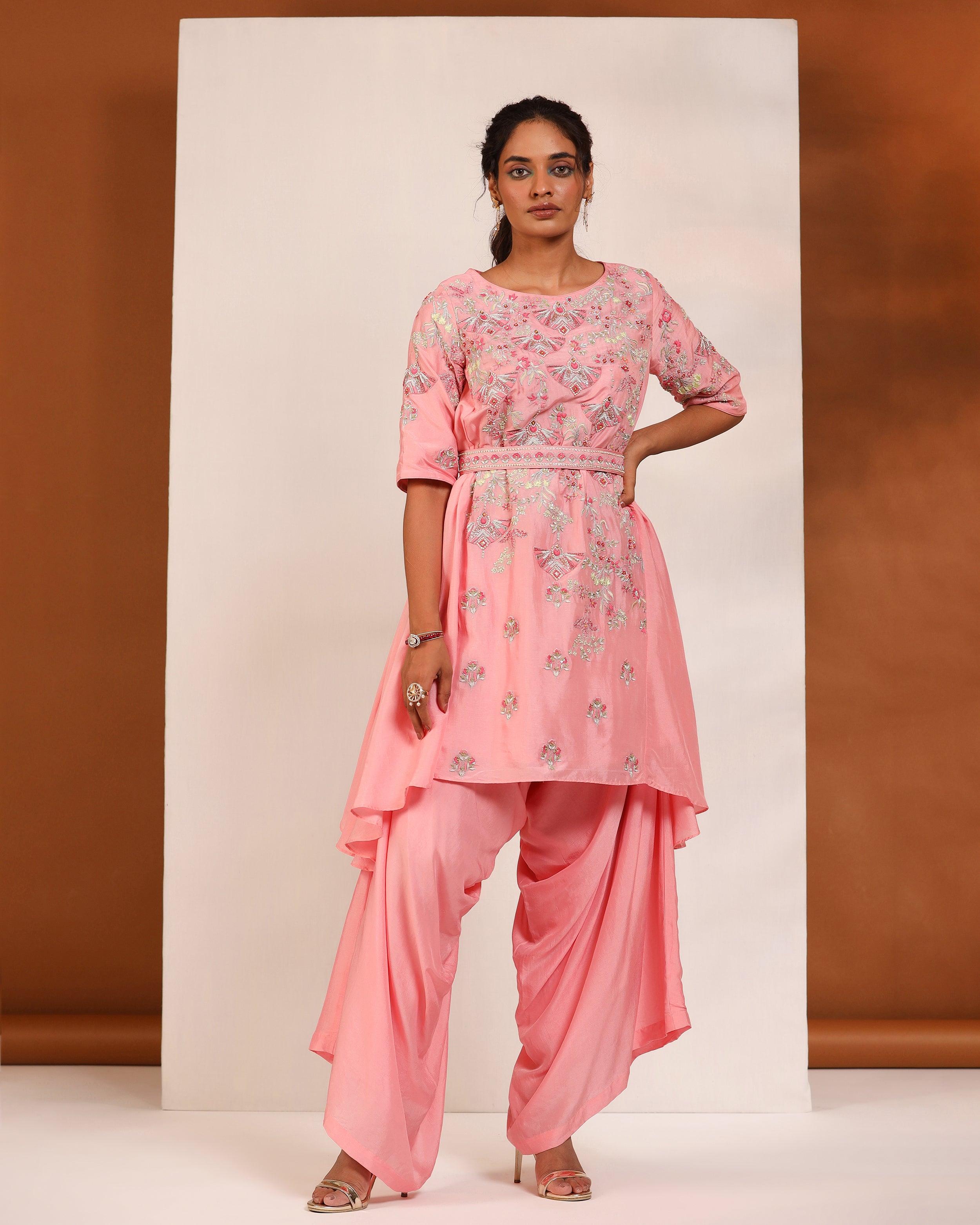 Peach zardozi asymmetric top and dhoti