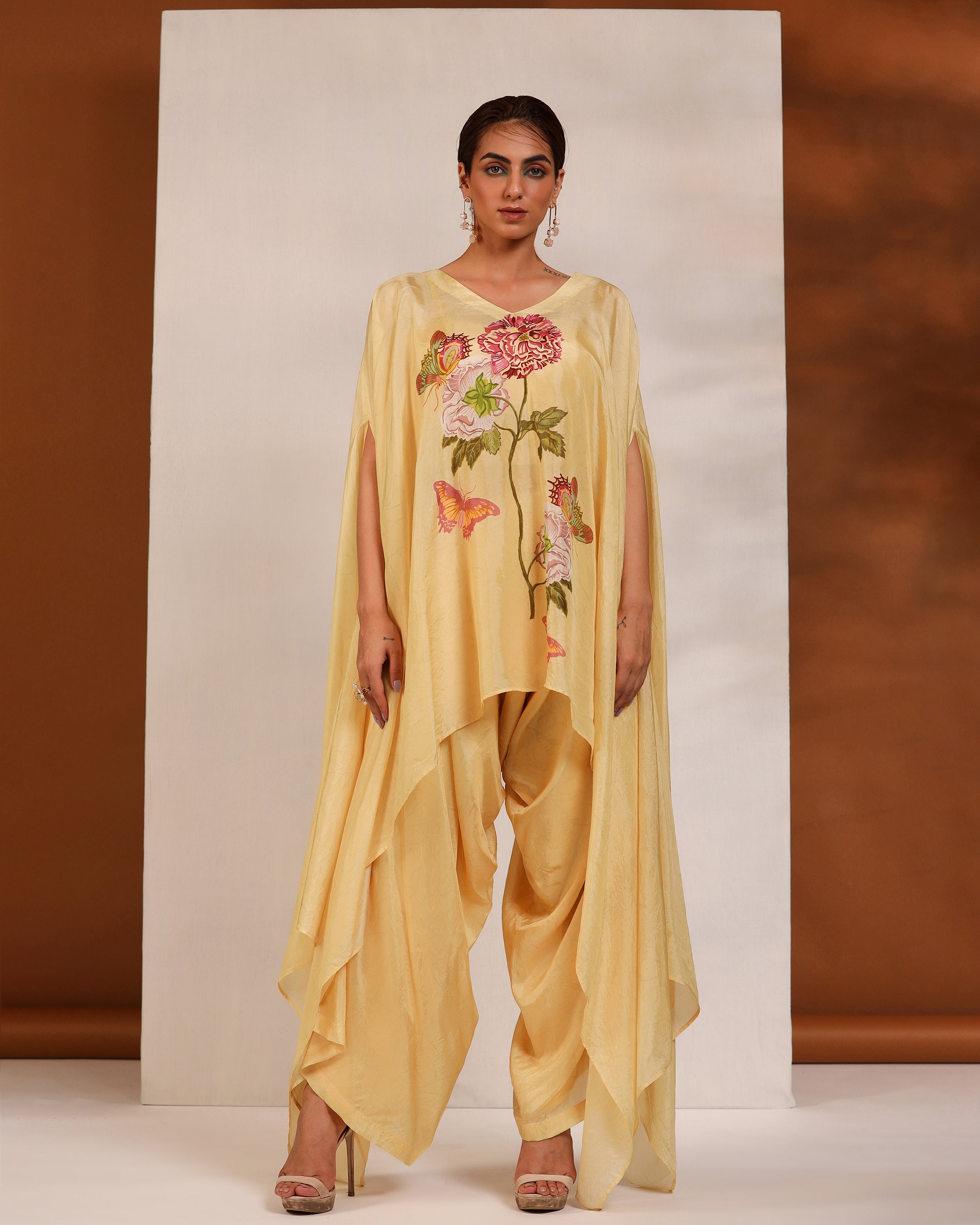 Pastel yellow  asymmetric floral cape