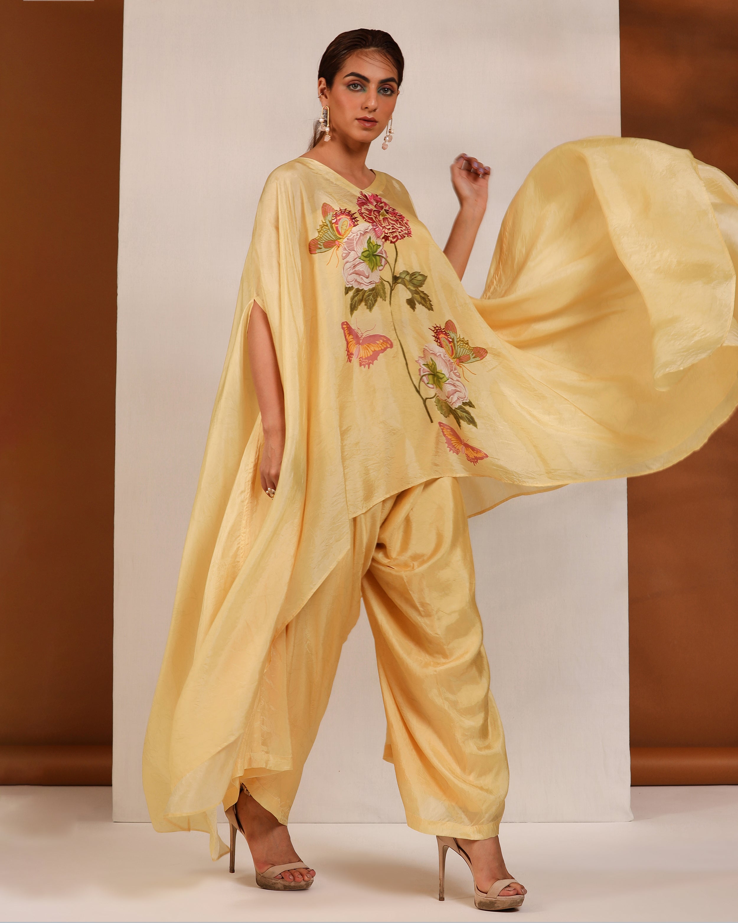 Pastel yellow  asymmetric floral cape