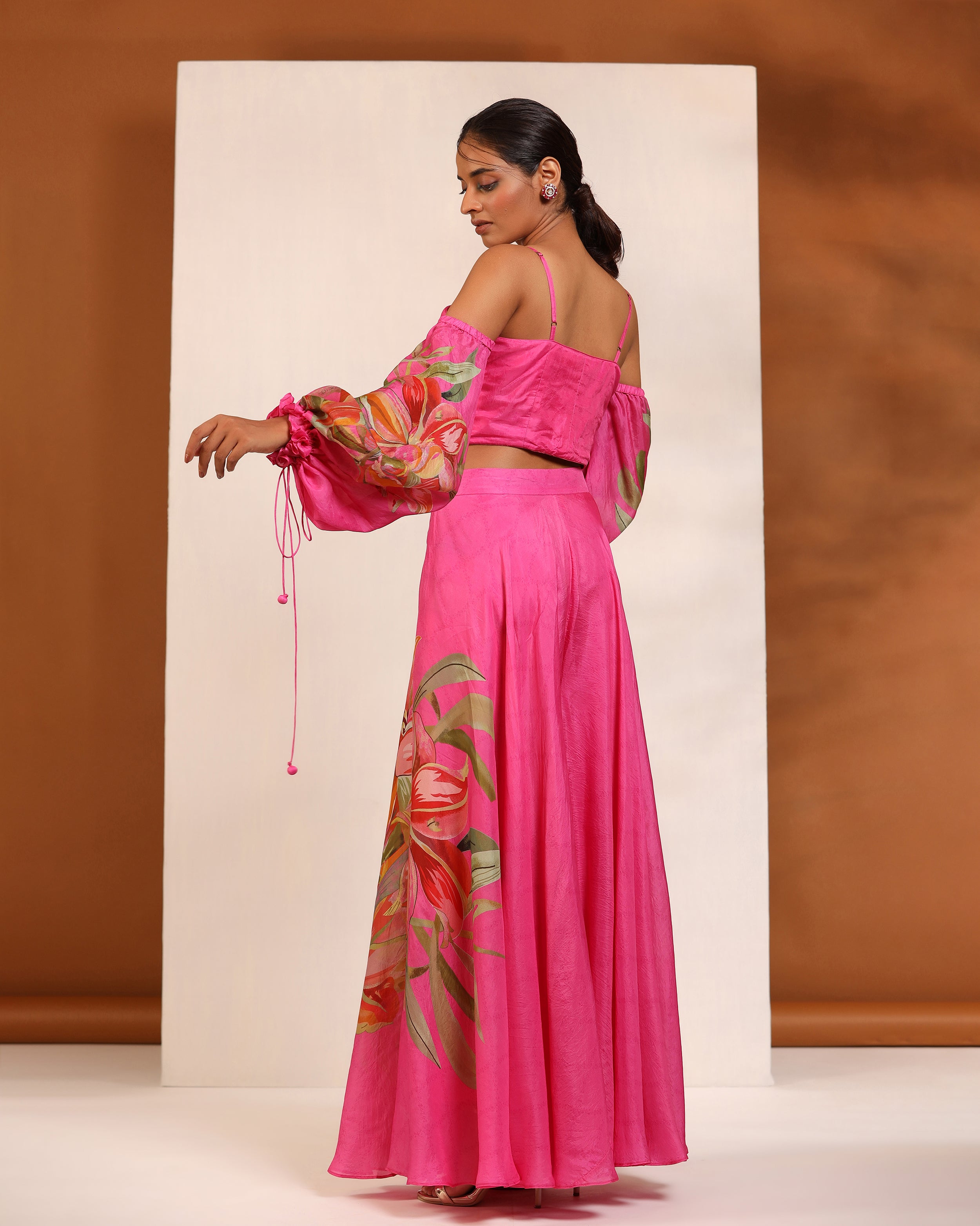 Fuchsia Pink floral cold shoulder crop top & Sharara
