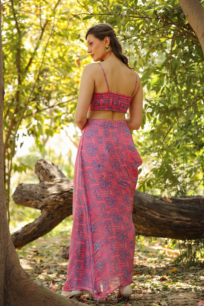 Purple placement printed collared jacket with crop top and fitted pants