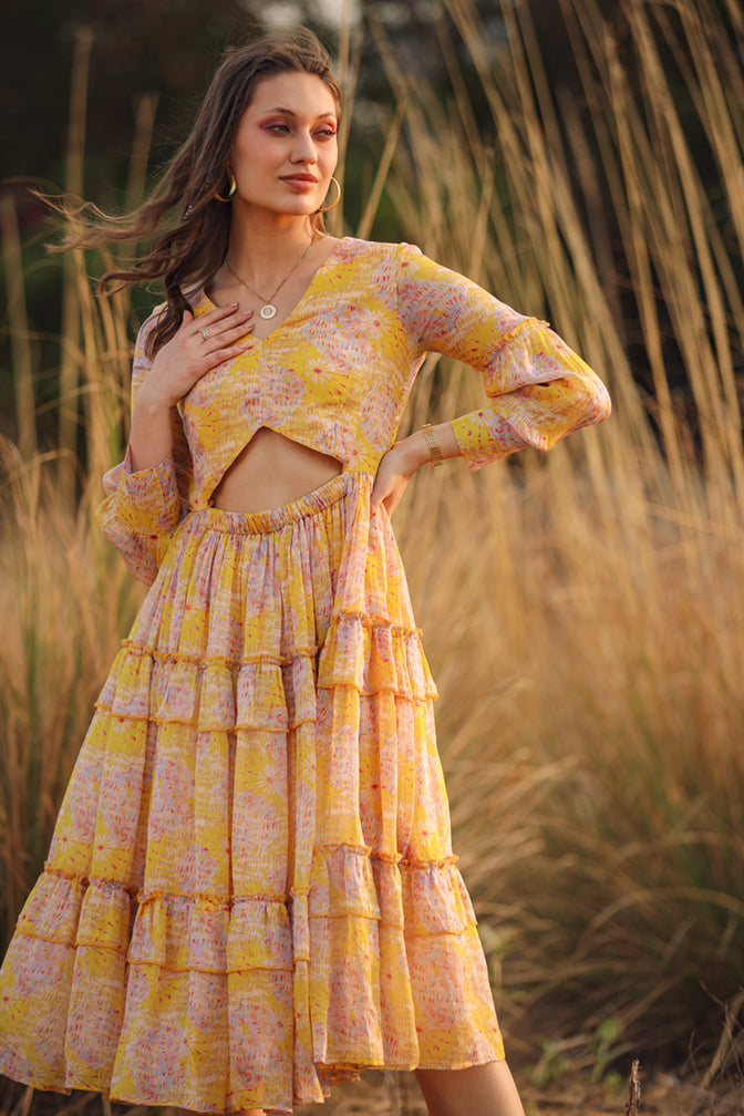 Yellow front cut dress