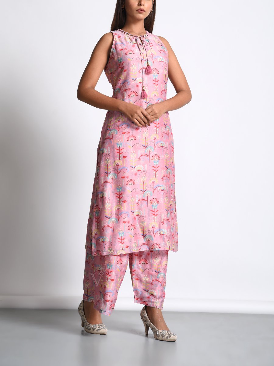 Blush Pink Chanderi Silk Printed Kurta Set