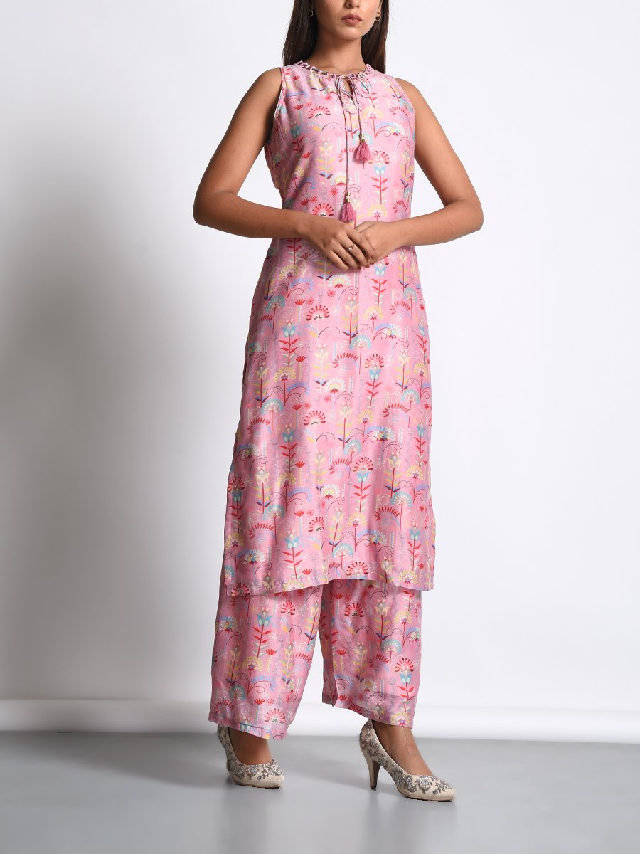 Blush Pink Chanderi Silk Printed Kurta Set