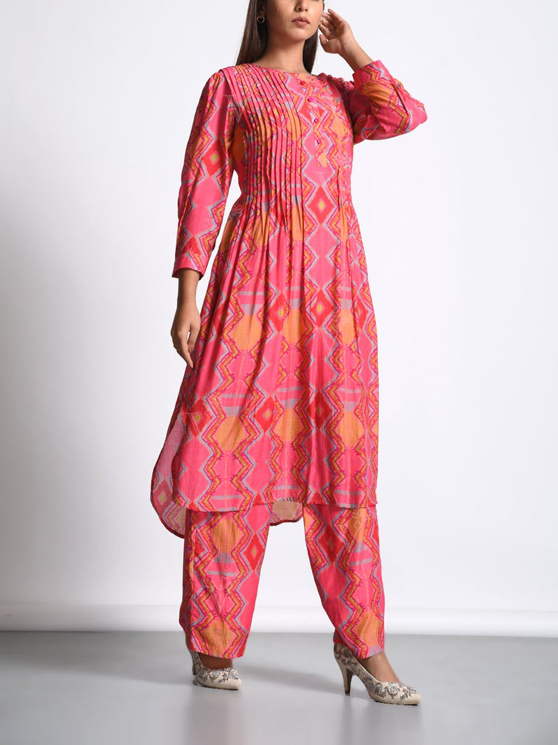 Pink Silk Printed Kurta Set