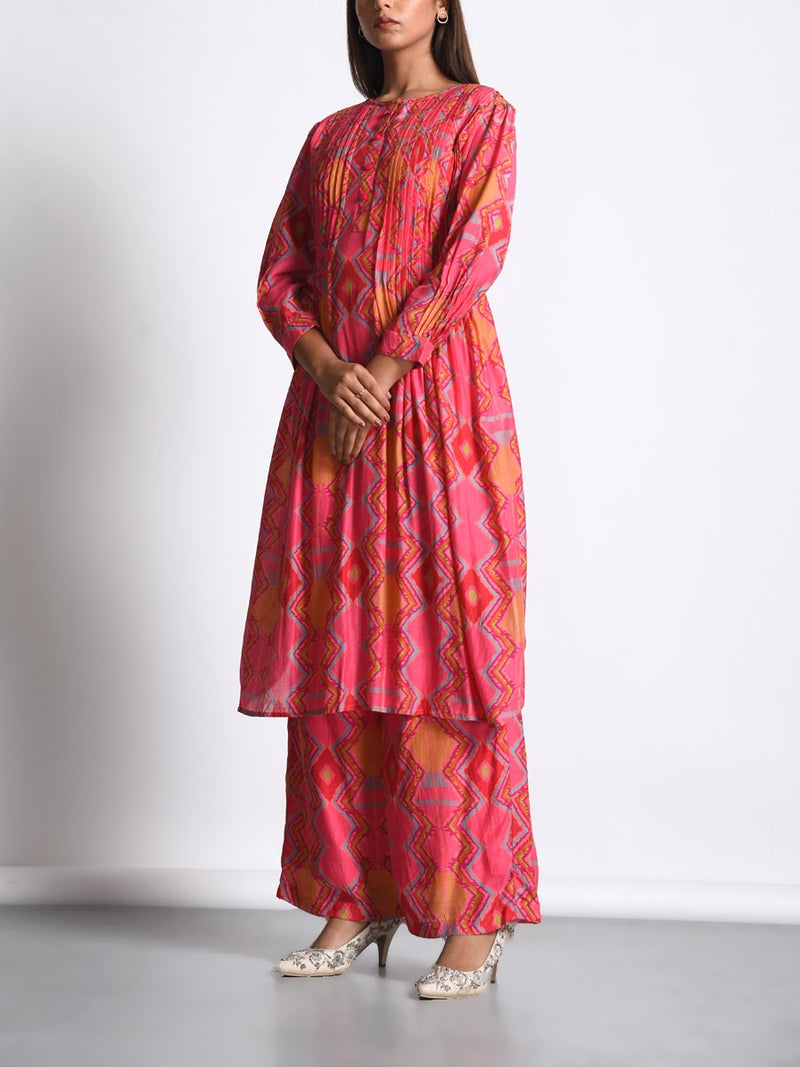 Pink Silk Printed Kurta Set
