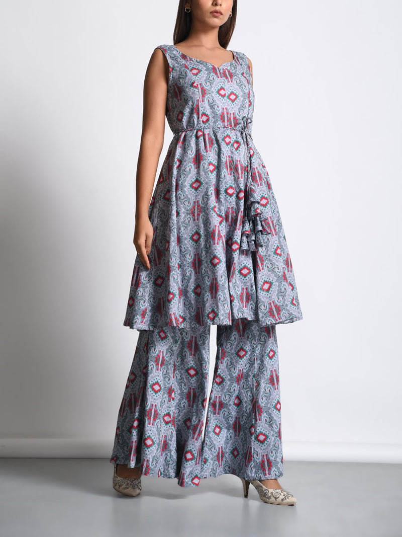 Grey Printed Cotton Silk Palazzo Set