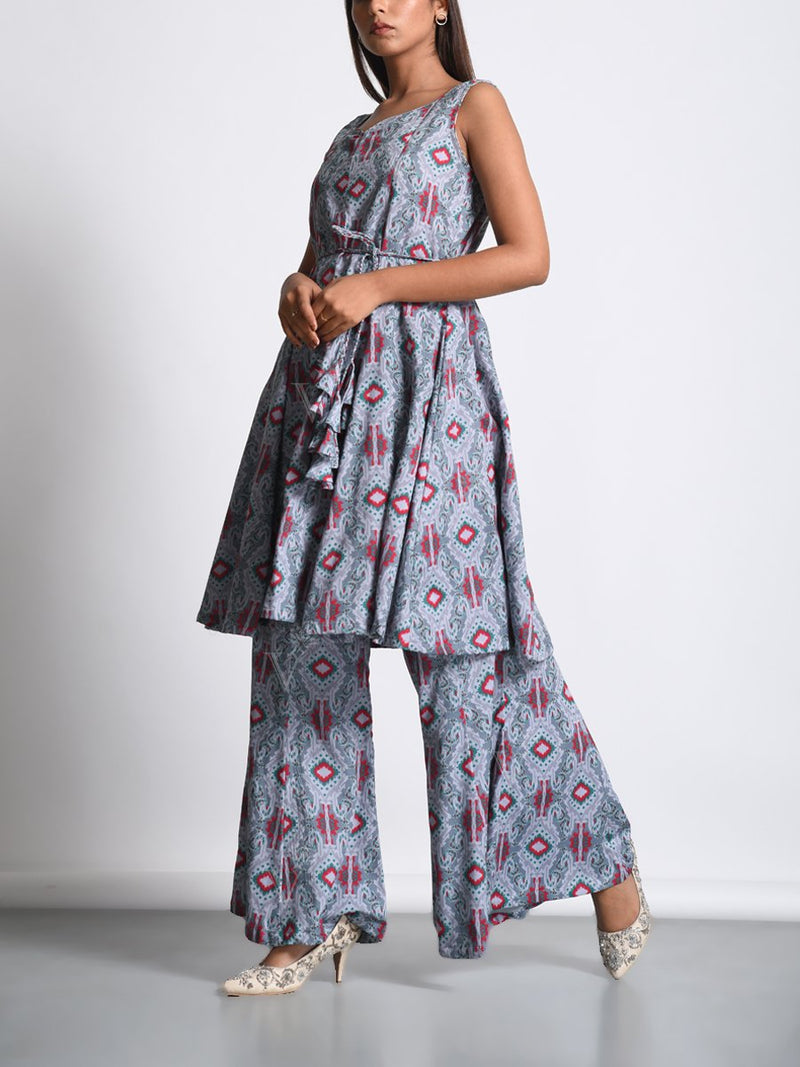 Grey Printed Cotton Silk Palazzo Set