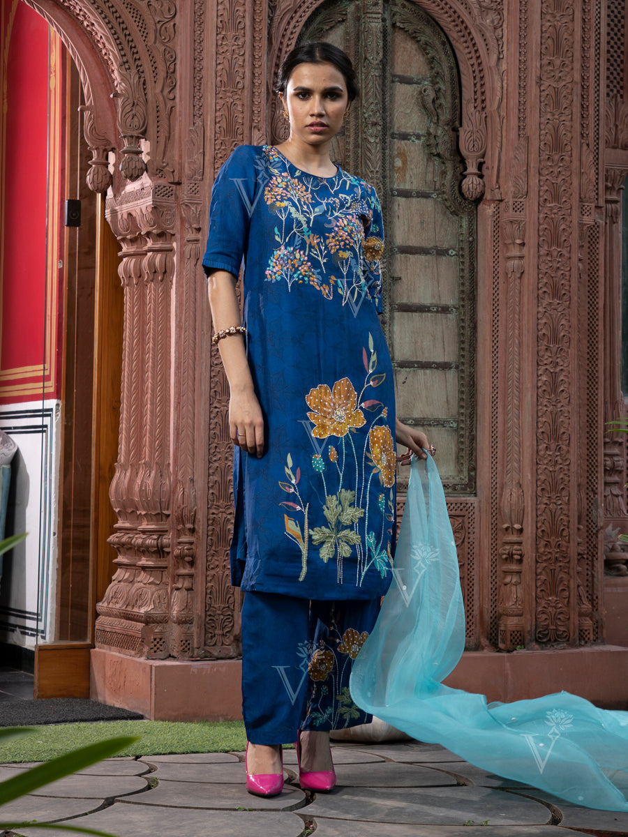 Blue Vasansi Silk Embroidered Suit Set