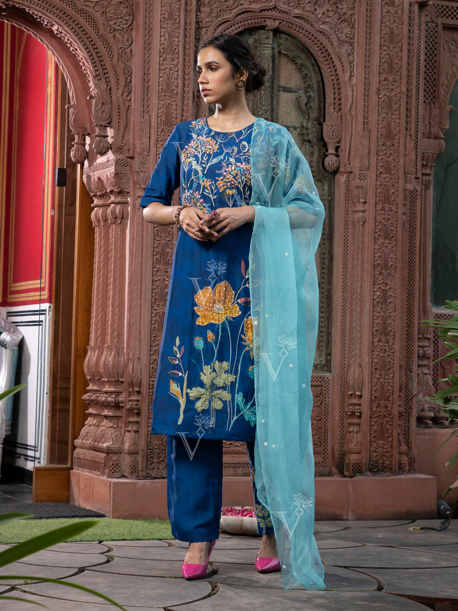 Blue Vasansi Silk Embroidered Suit Set