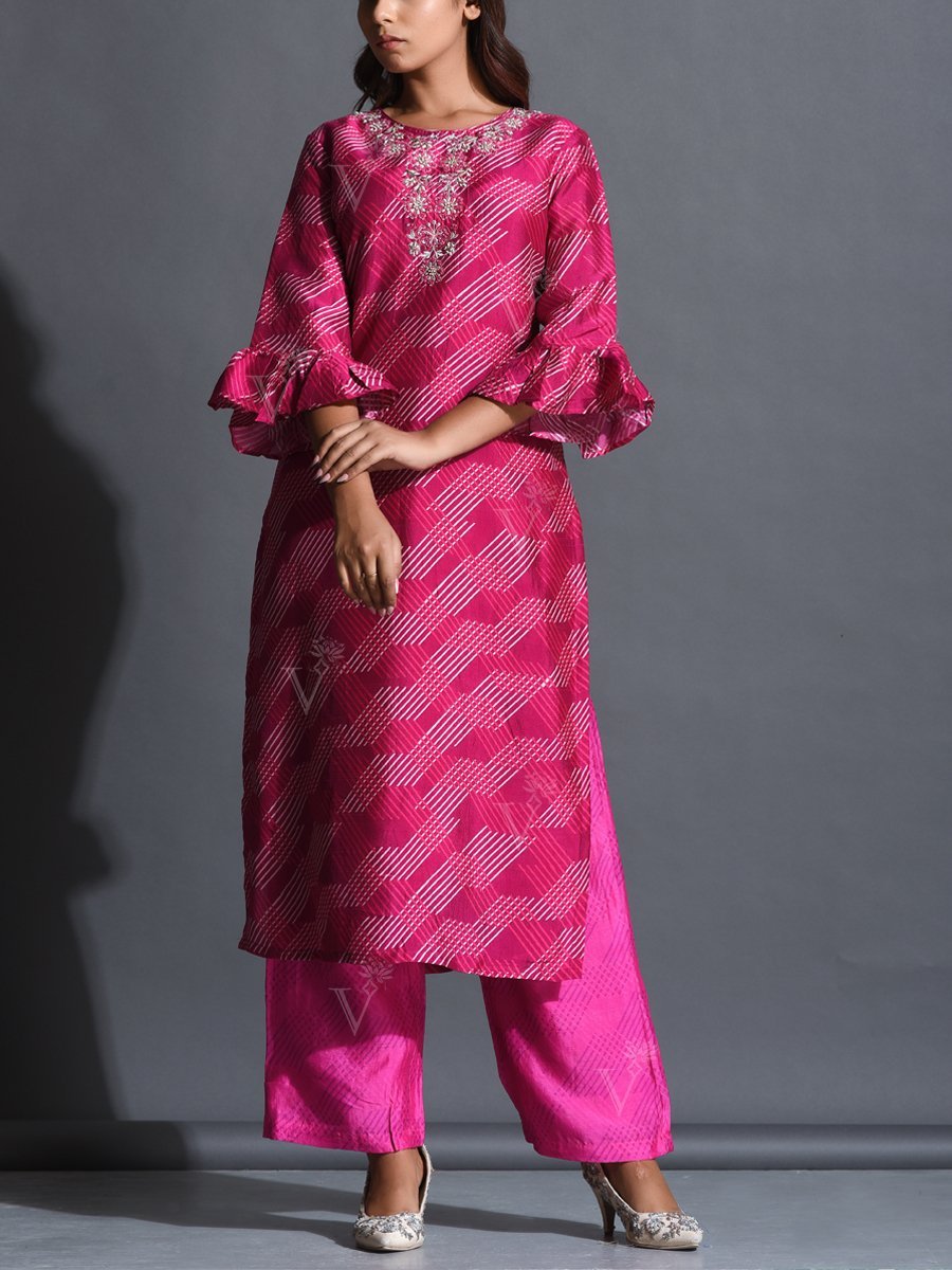 Pink Printed Silk Suit Set