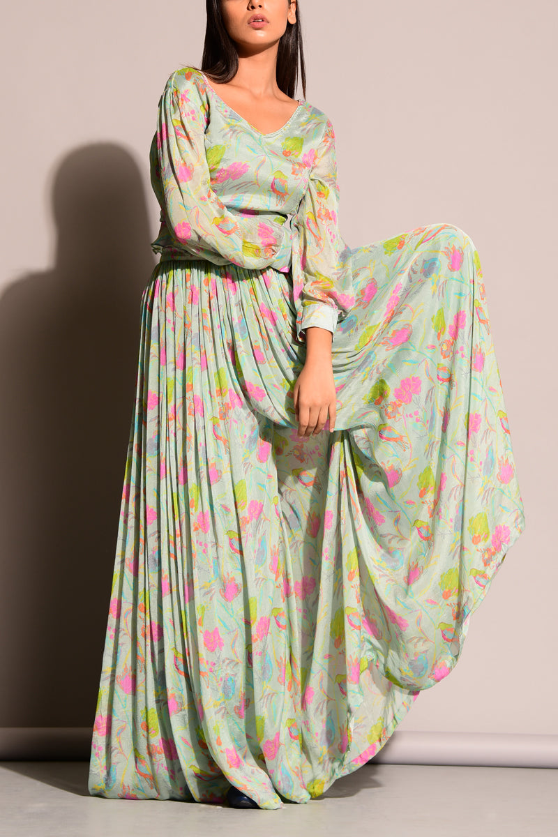 Pastel Green Printed Crop Top With Gathered Pants