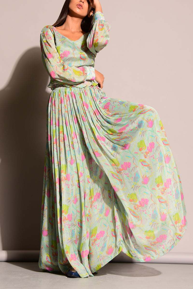 Pastel Green Printed Crop Top With Gathered Pants
