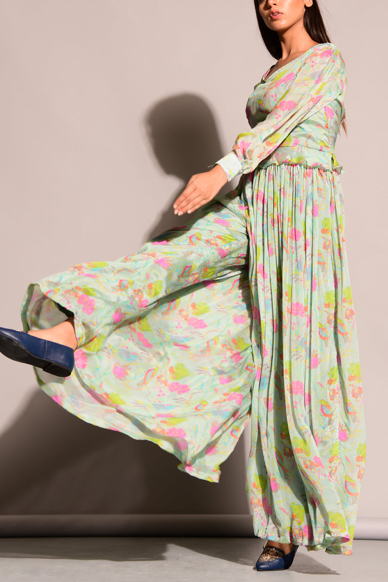Pastel Green Printed Crop Top With Gathered Pants