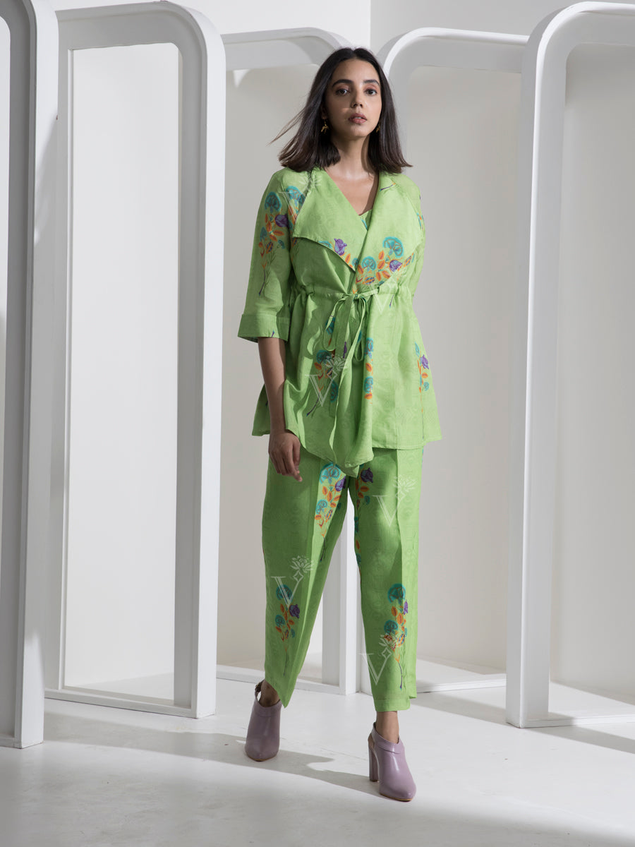 Parrot Green Silk  Jacket with bustier Pant Set