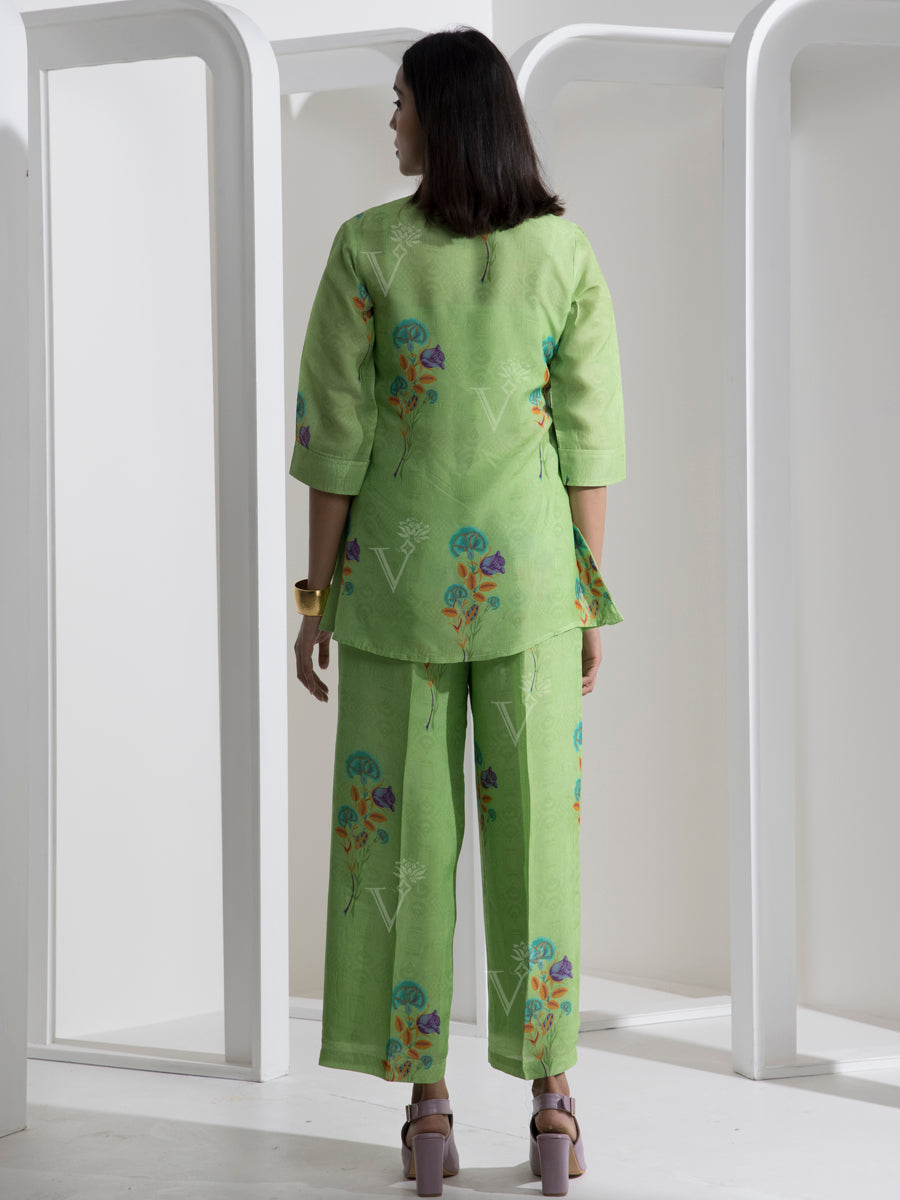 Parrot Green Silk  Jacket with bustier Pant Set