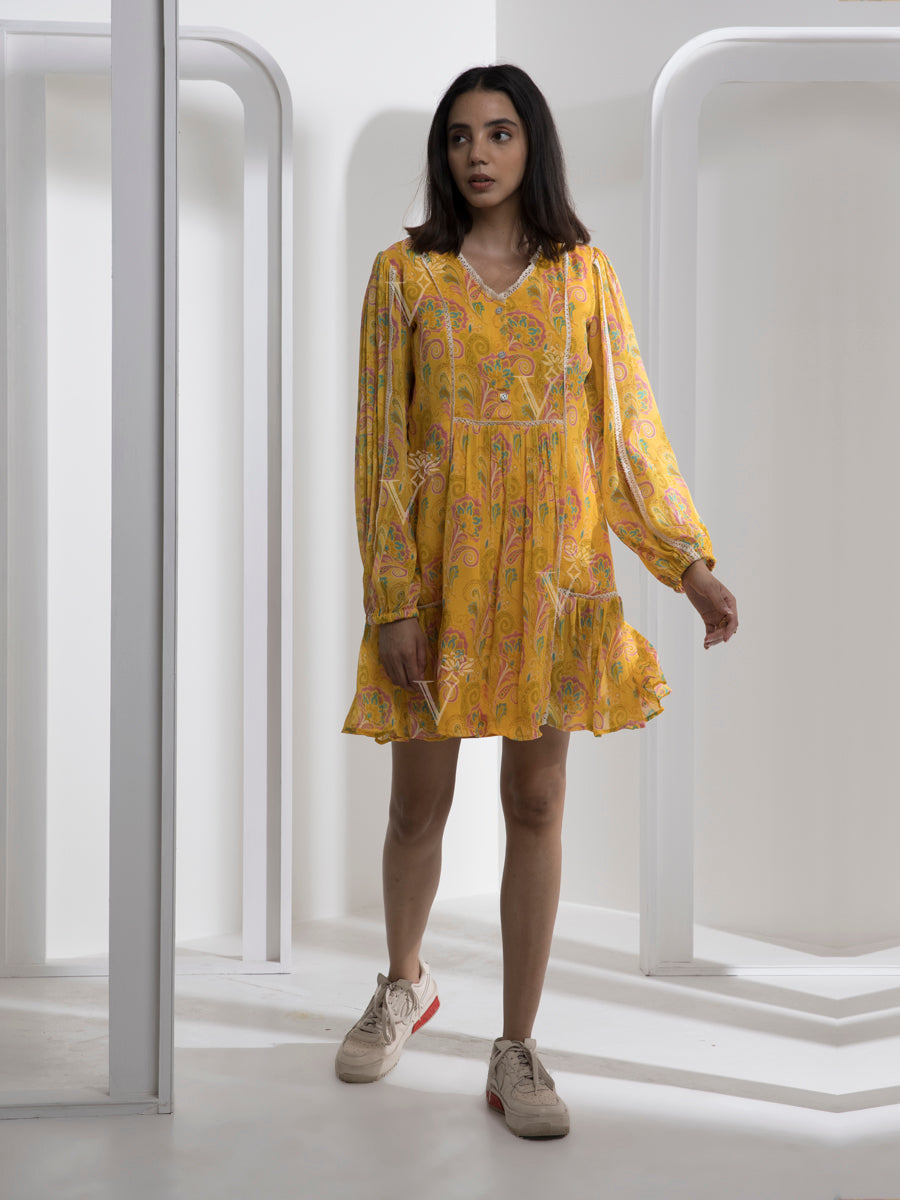Yellow Abstract Print Knee Length Dress