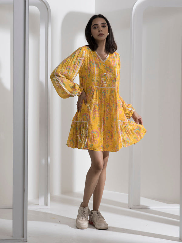 Yellow Abstract Print Knee Length Dress