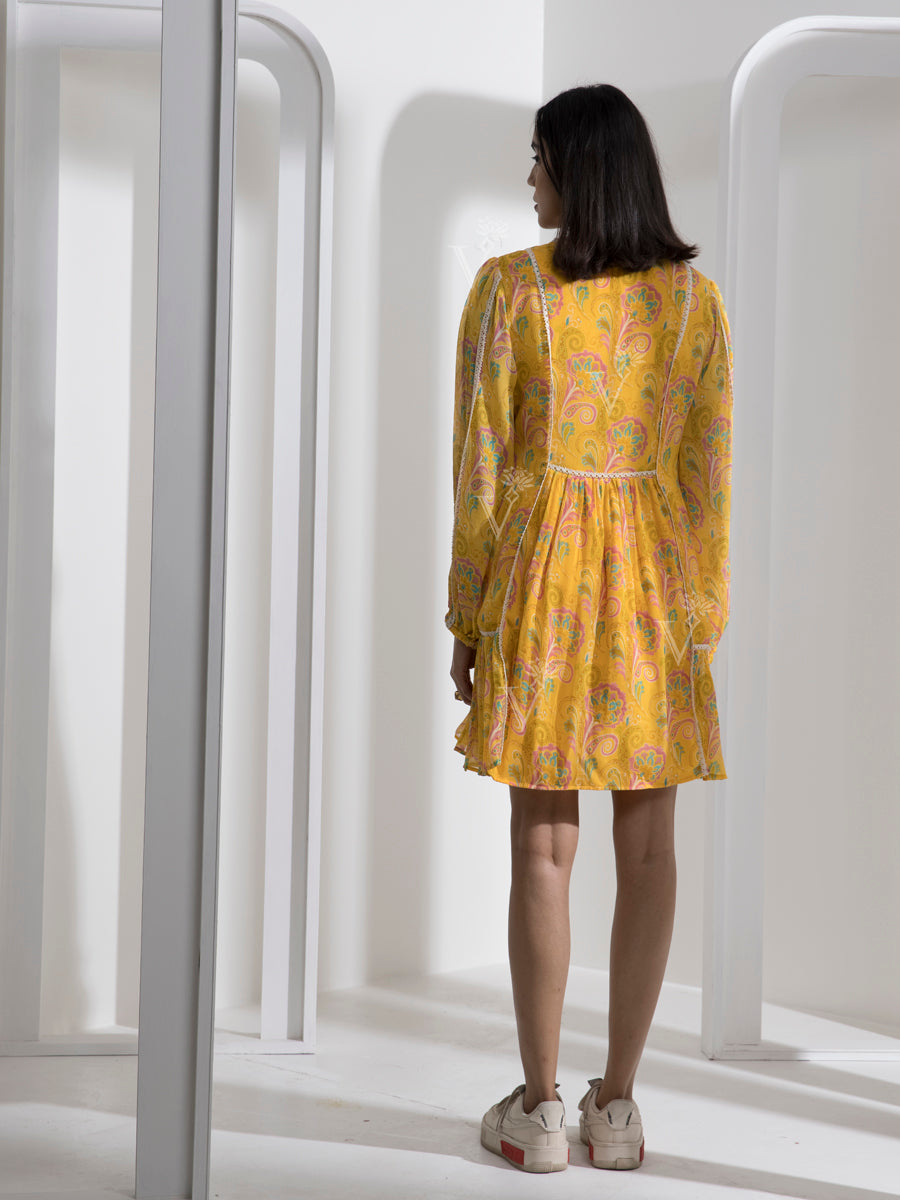 Yellow Abstract Print Knee Length Dress