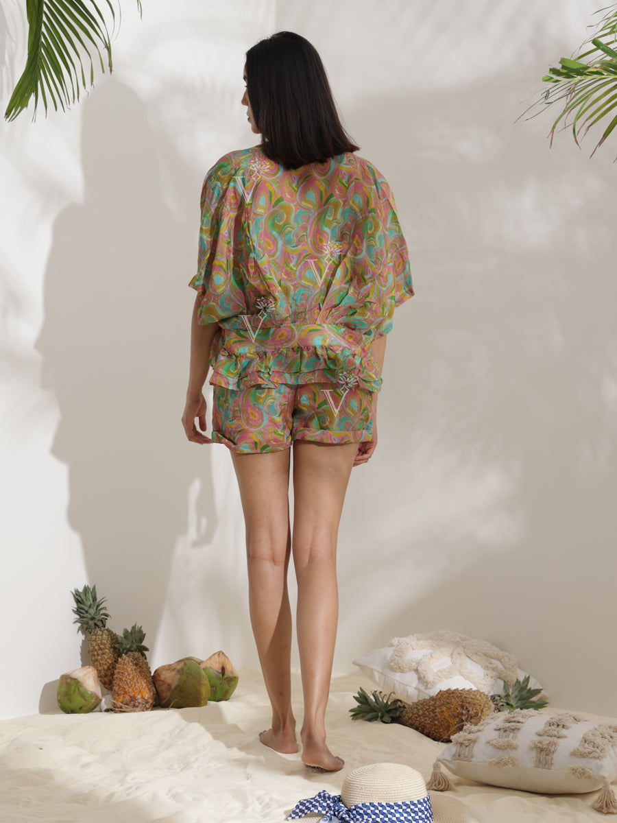 Tropical Green Asymmetric Jacket Bustier With Shorts