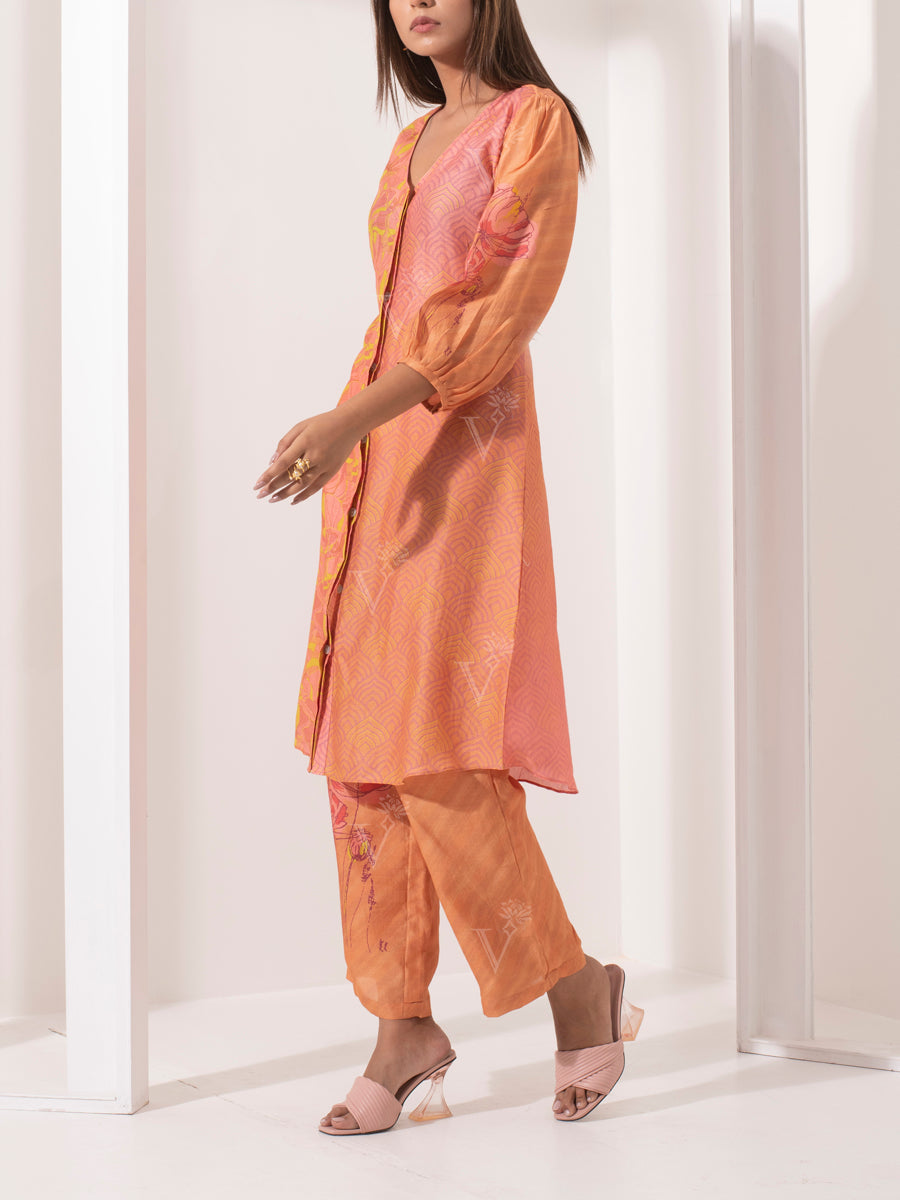 Apricot Printed Silk Pant Set