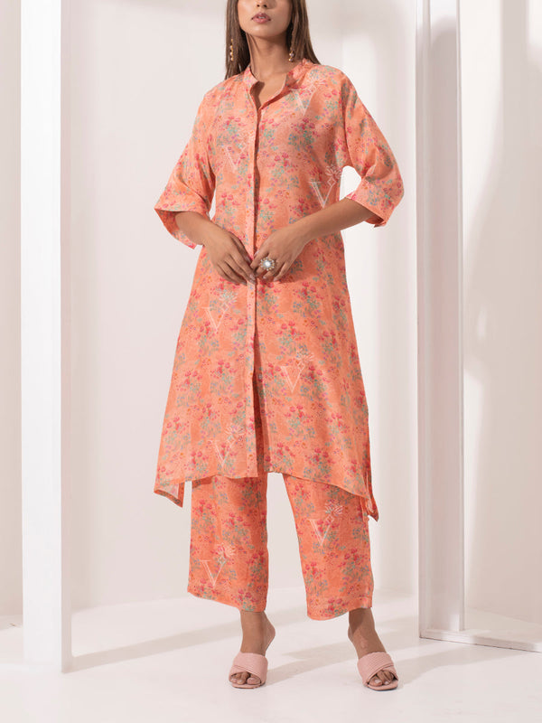 Peach Floral Print Silk Pant Set