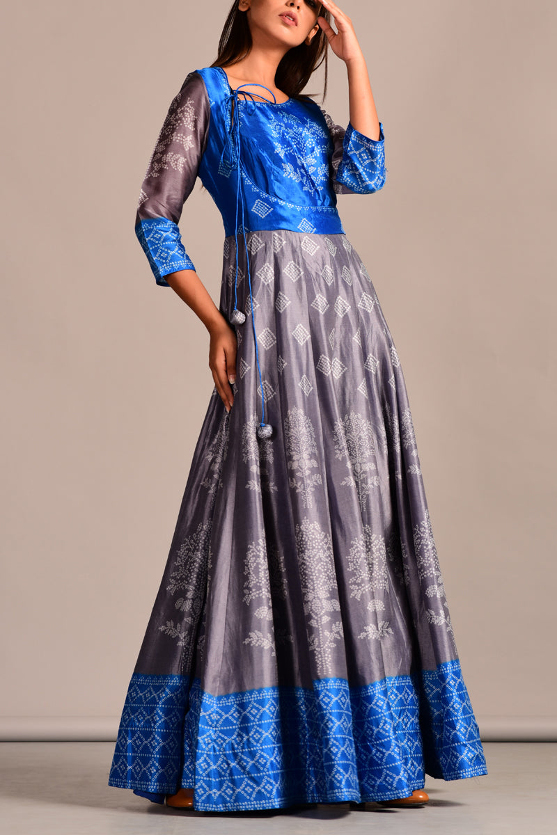 Grey Blue Bandhani Printed Long Kali Dress
