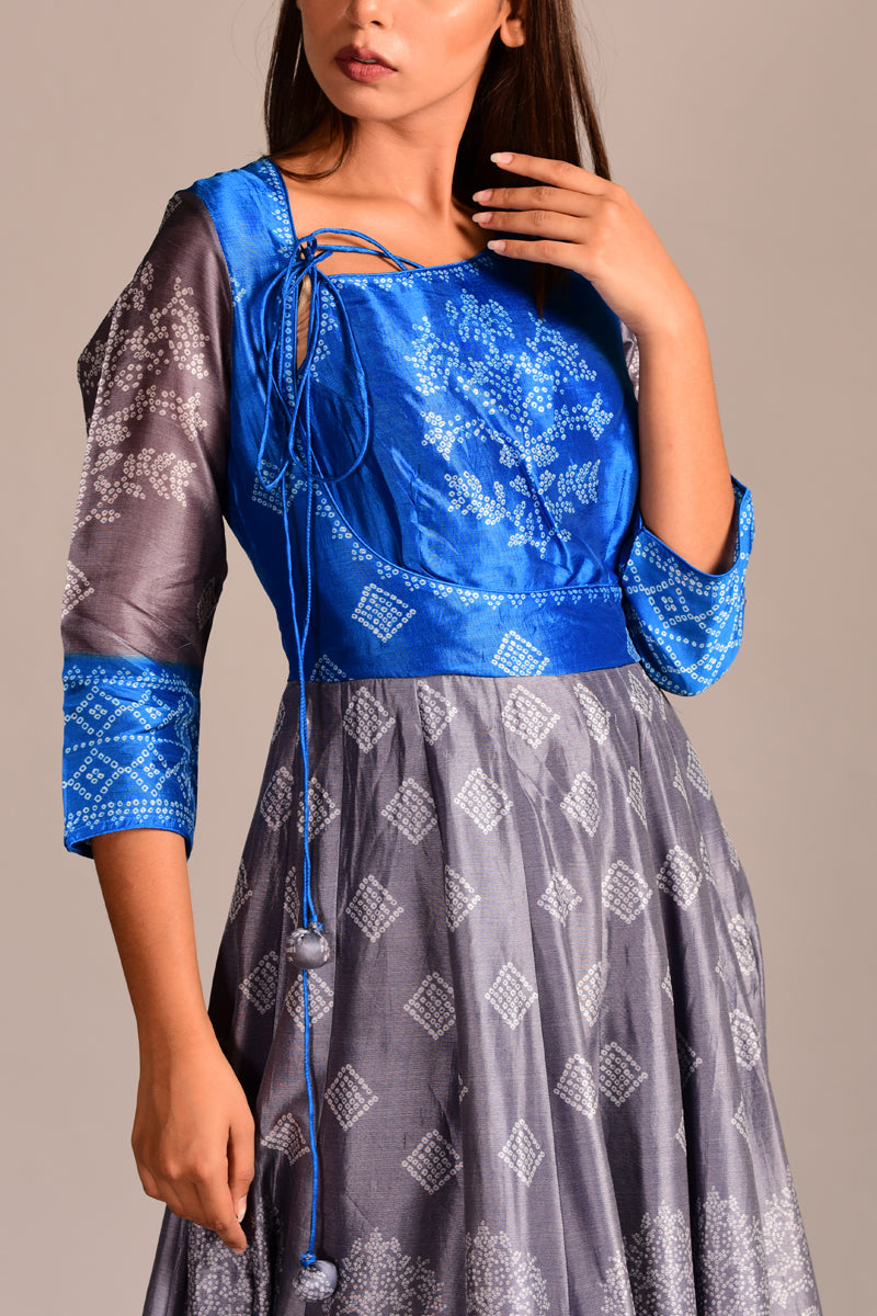 Grey Blue Bandhani Printed Long Kali Dress