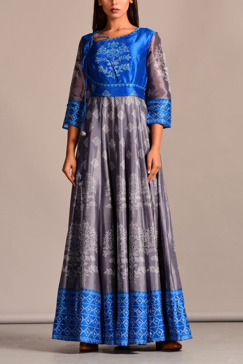 Grey Blue Bandhani Printed Long Kali Dress