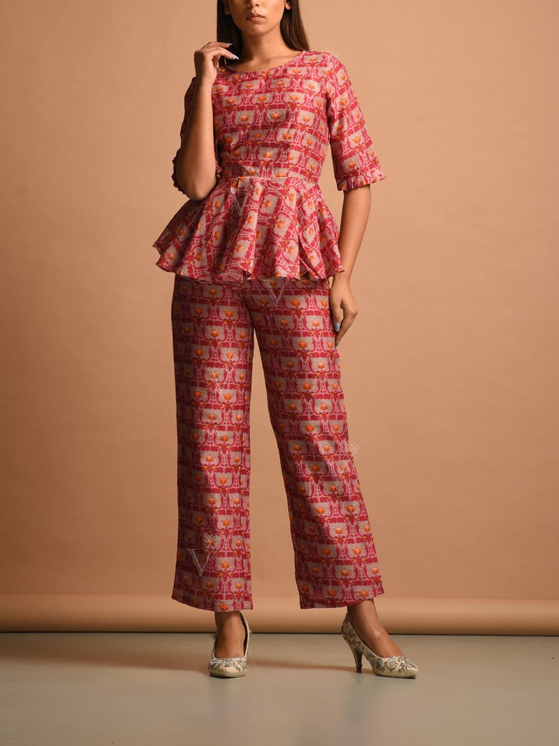 Pink Silk Printed Pant Set